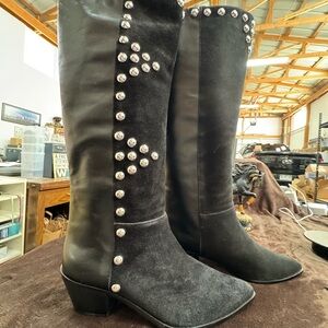 Arezzo Black Studded Leather Knee-High Boots size 9